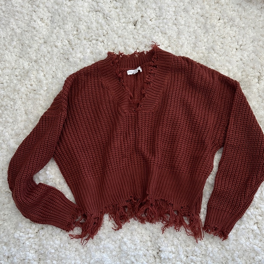 Frayed Hem Burgundy Sweater